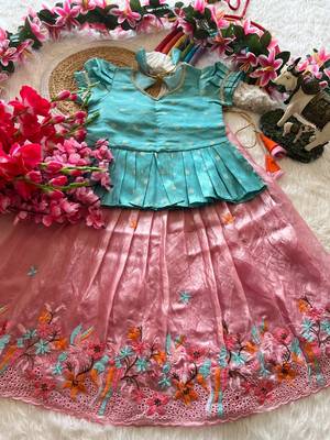 Girls skyblue tissue silk choli with pink floral embroidered lehenga set 4