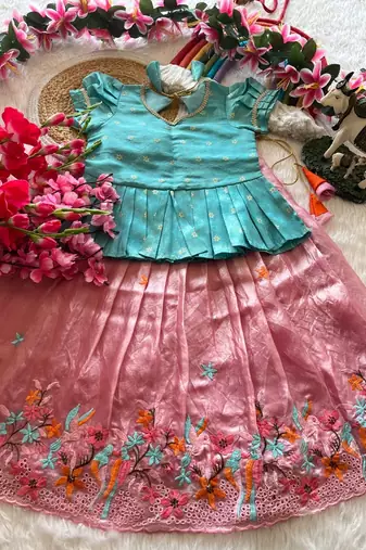 Girls skyblue tissue silk choli with pink floral embroidered lehenga set