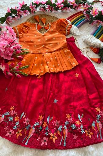 Girls orange tissue silk choli with pink floral embroidered lehenga pavadai set