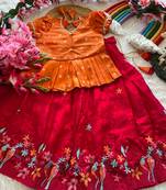 Girls orange tissue silk choli with pink floral embroidered lehenga pavadai set