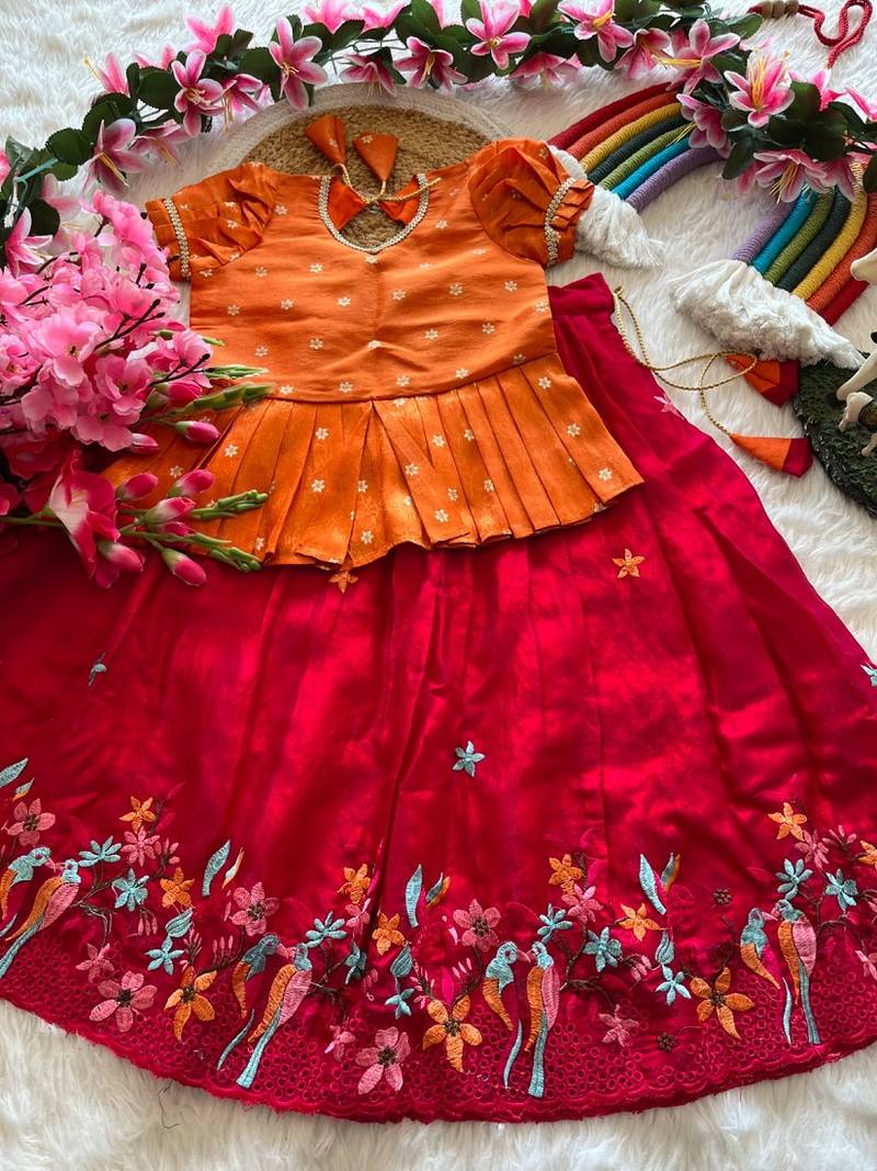 Girls orange tissue silk choli with pink floral embroidered lehenga pavadai set