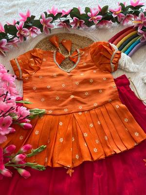 Girls orange tissue silk choli with pink floral embroidered lehenga pavadai set 2