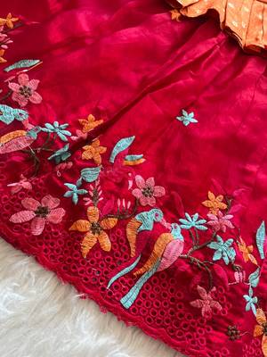 Girls orange tissue silk choli with pink floral embroidered lehenga pavadai set 3