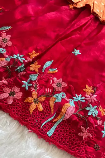 Girls orange tissue silk choli with pink floral embroidered lehenga pavadai set
