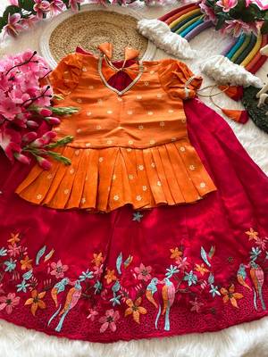 Girls orange tissue silk choli with pink floral embroidered lehenga pavadai set 4
