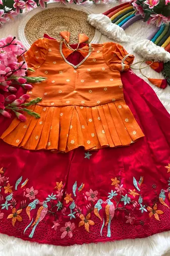 Girls orange tissue silk choli with pink floral embroidered lehenga pavadai set