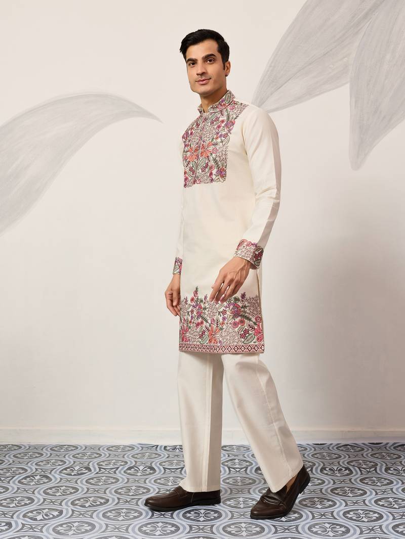 WHITE VISCOSE SILK THREAD & SEQUINS EMBROIDERED WORK FESTIVAL MARRIAGE PARTY WEAR STRAIGHT MENS KURTA WITH PANT