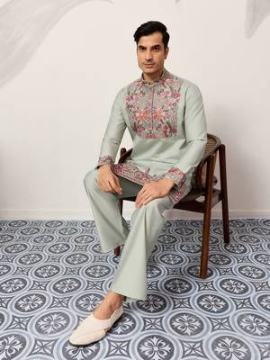PISTA GREEN VISCOSE SILK THREAD & SEQUINS EMBROIDERED WORK WEDDING FESTIVAL  PARTY WEAR STRAIGHT MENS KURTA WITH PANT 7