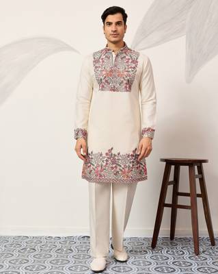 WHITE VISCOSE SILK THREAD & SEQUINS EMBROIDERED WORK FESTIVAL MARRIAGE PARTY WEAR STRAIGHT MENS KURTA WITH PANT 8