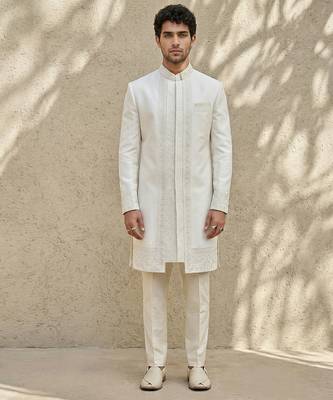 White embroidered raw silk sherwani 1