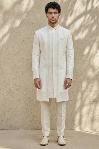 White embroidered raw silk sherwani