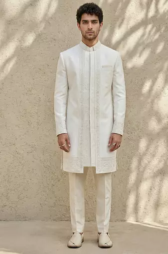 White embroidered raw silk sherwani