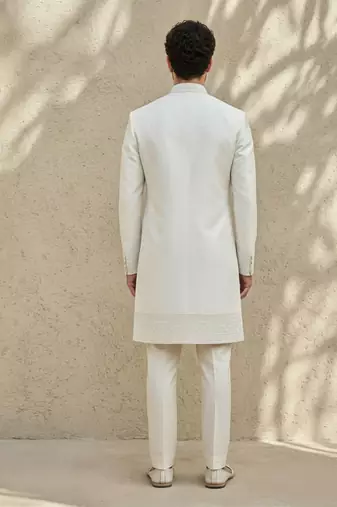 White embroidered raw silk sherwani
