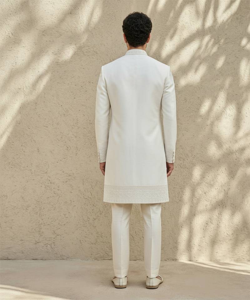 White embroidered raw silk sherwani
