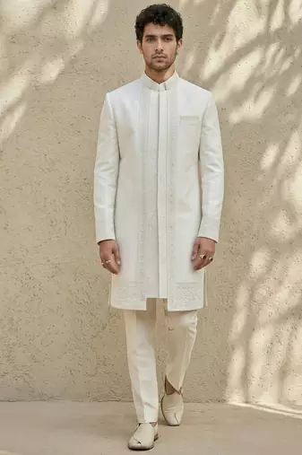 White embroidered raw silk sherwani