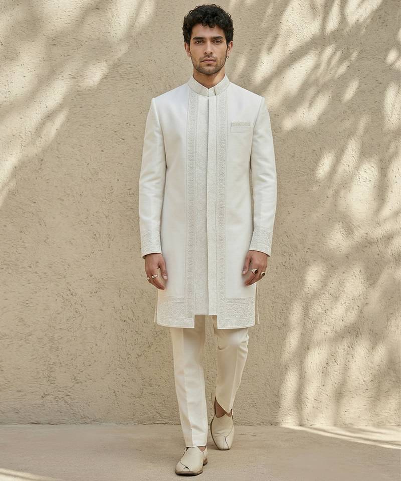 White embroidered raw silk sherwani