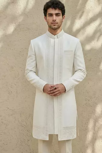White embroidered raw silk sherwani