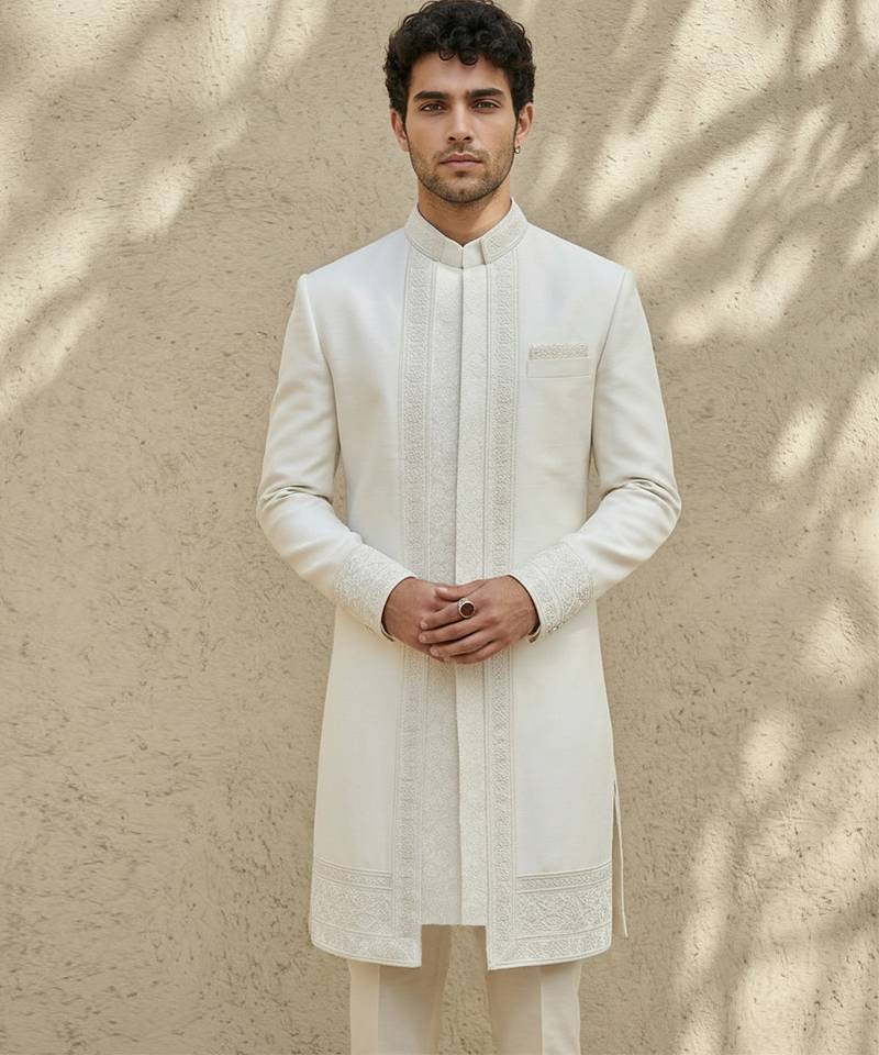 White embroidered raw silk sherwani