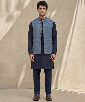 Blue embroidered cotton silk nehru jacket 1