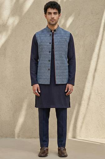 Blue embroidered cotton silk nehru jacket