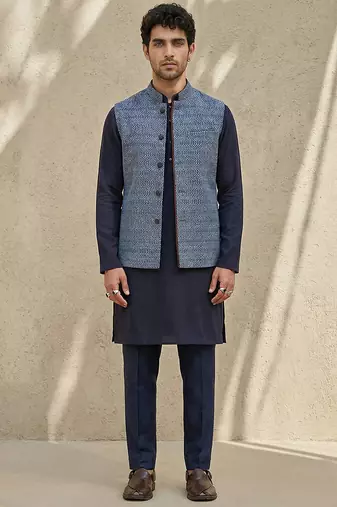 Blue embroidered cotton silk nehru jacket