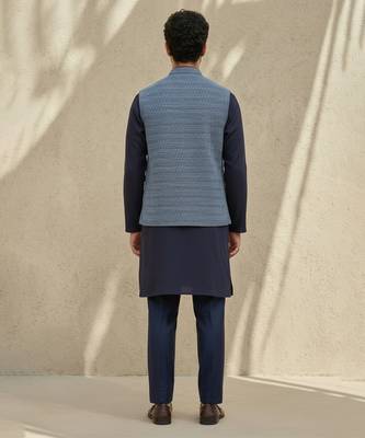 Blue embroidered cotton silk nehru jacket 2