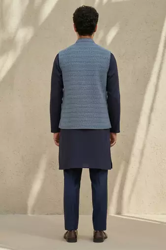 Blue embroidered cotton silk nehru jacket