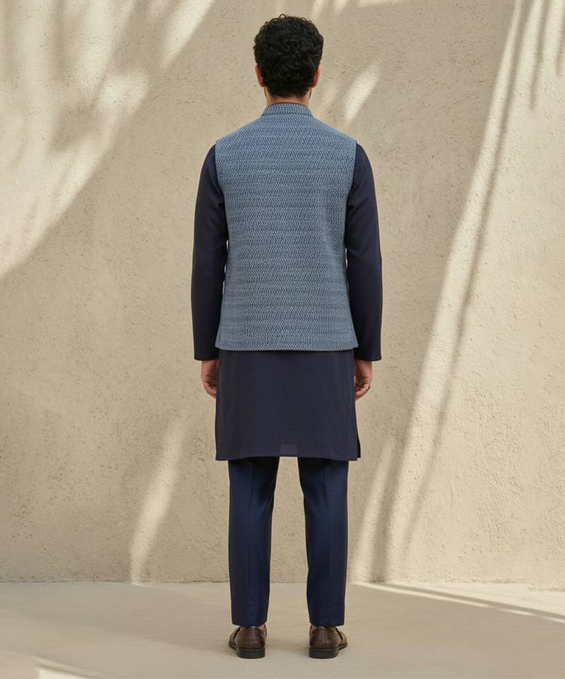 Blue embroidered cotton silk nehru jacket