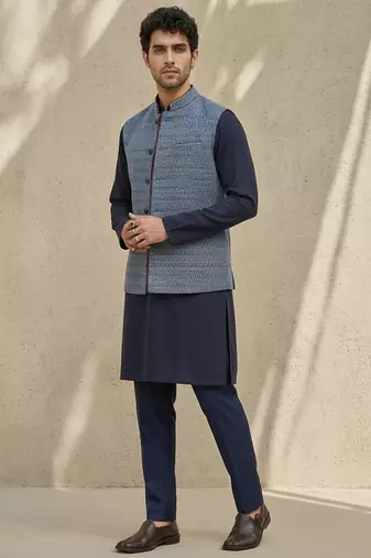 Blue embroidered cotton silk nehru jacket