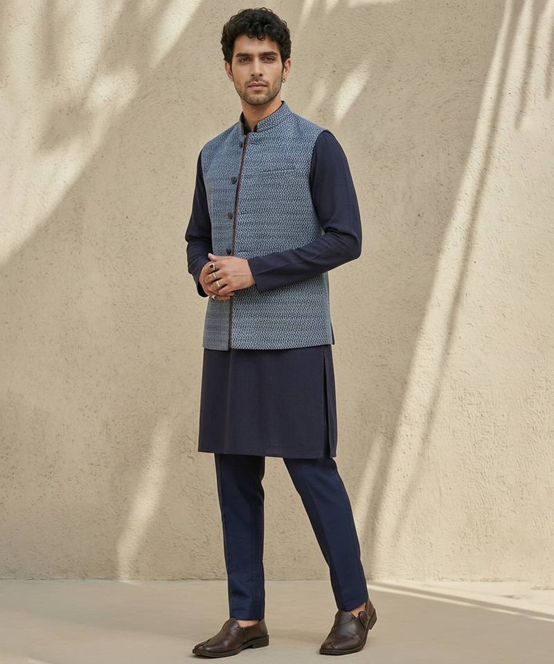Blue embroidered cotton silk nehru jacket