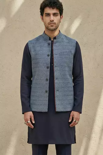 Blue embroidered cotton silk nehru jacket