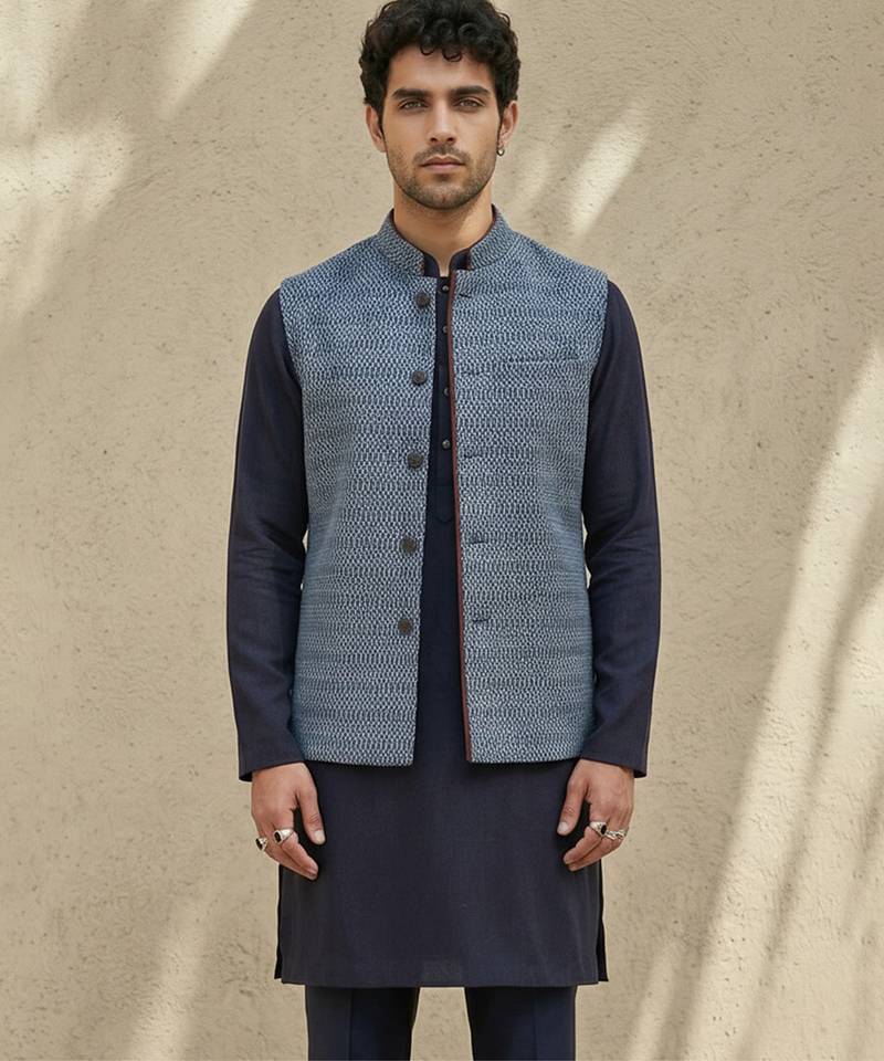 Blue embroidered cotton silk nehru jacket
