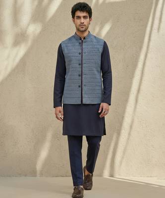 Blue embroidered cotton silk nehru jacket 5