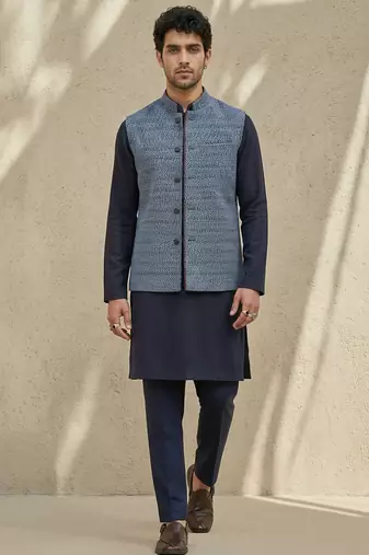 Blue embroidered cotton silk nehru jacket