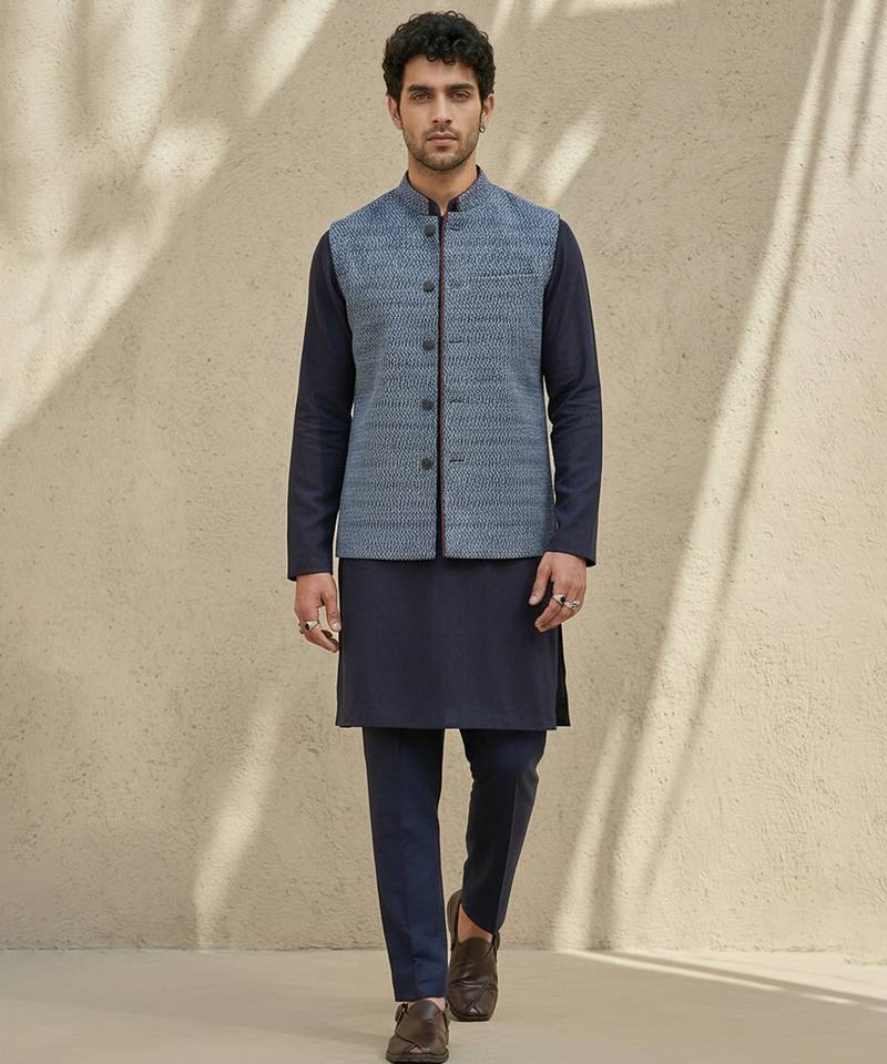Blue embroidered cotton silk nehru jacket
