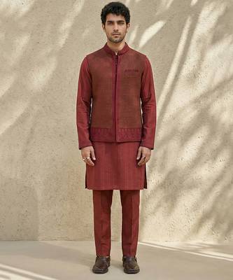 Maroon embroidered matka silk nehru jacket 1