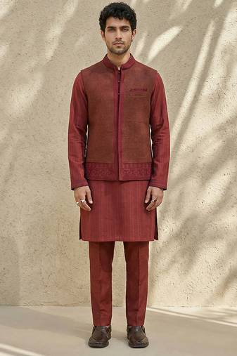 Maroon embroidered matka silk nehru jacket
