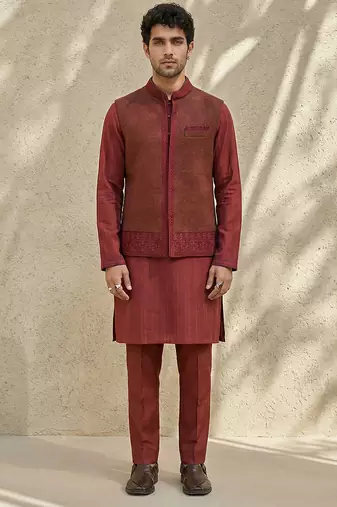 Maroon embroidered matka silk nehru jacket