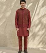 Maroon embroidered matka silk nehru jacket