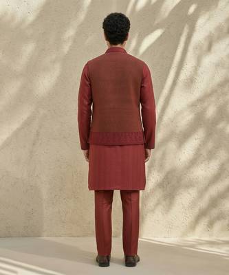 Maroon embroidered matka silk nehru jacket 2
