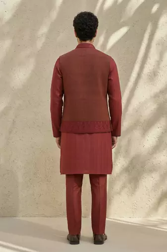 Maroon embroidered matka silk nehru jacket