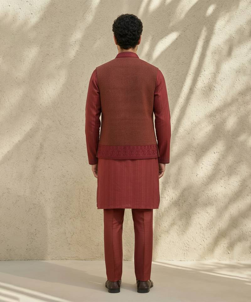 Maroon embroidered matka silk nehru jacket