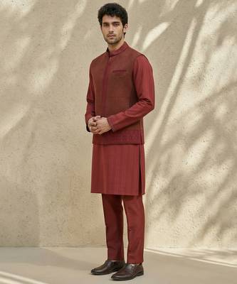 Maroon embroidered matka silk nehru jacket 3