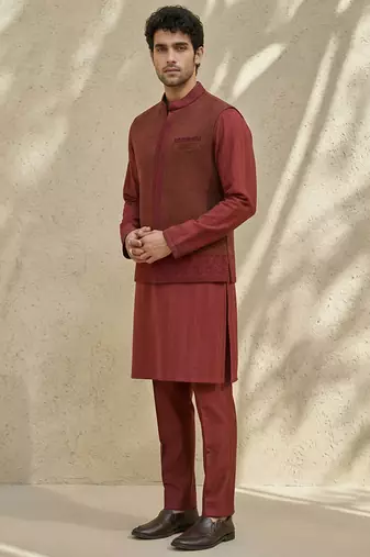 Maroon embroidered matka silk nehru jacket