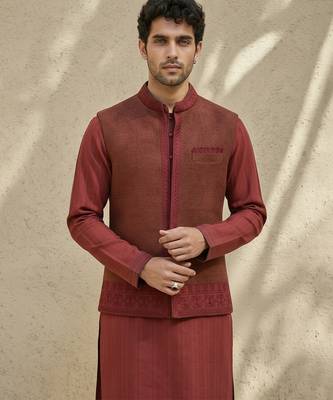 Maroon embroidered matka silk nehru jacket 4
