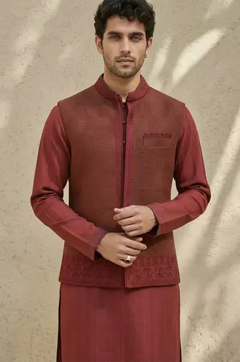 Maroon embroidered matka silk nehru jacket