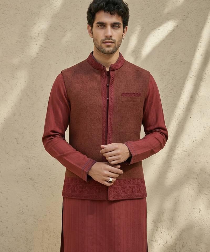 Maroon embroidered matka silk nehru jacket
