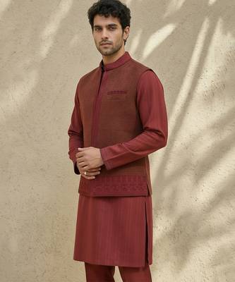 Maroon embroidered matka silk nehru jacket 5