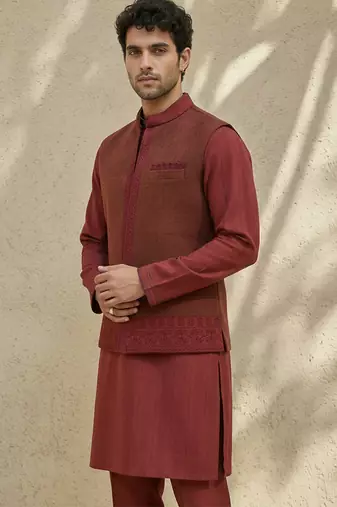 Maroon embroidered matka silk nehru jacket