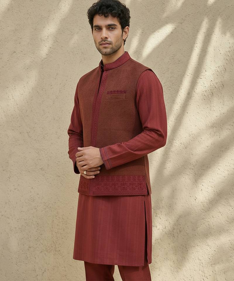 Maroon embroidered matka silk nehru jacket